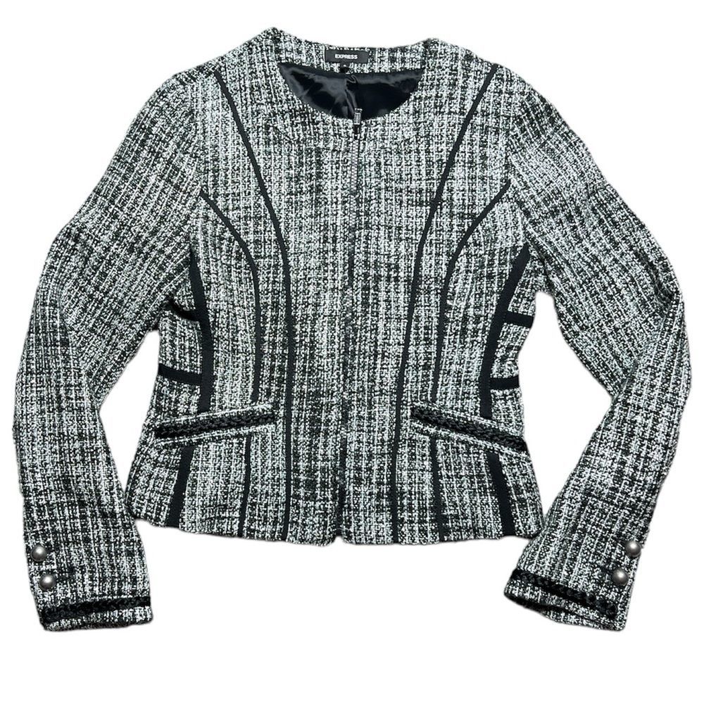 EXPRESS VTG Tweed Metallic Plaid Black Silver Jacket Coat Women's Size Small